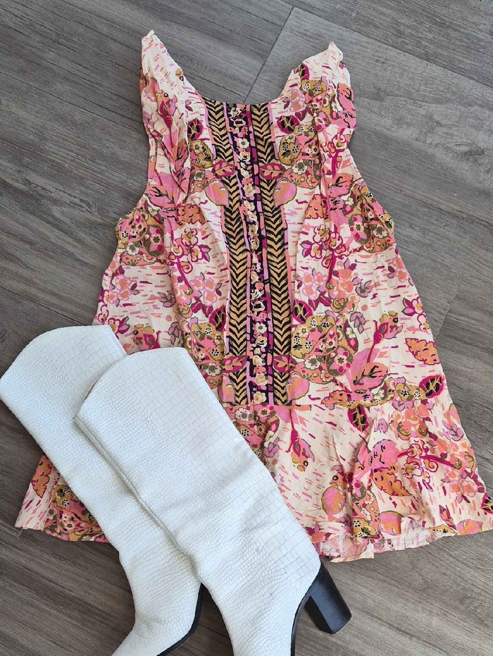 Free People Pink Floral Sleeveless Tunic with Black & Gold Trim